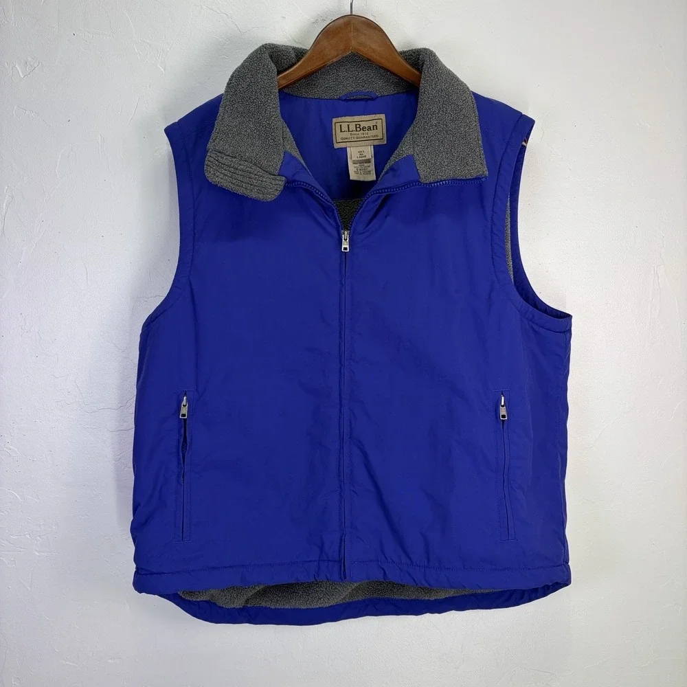 Vintage L.L. Bean Men's Wind Rain Hiking Vest Size L Blue Fleece lined Full Zip